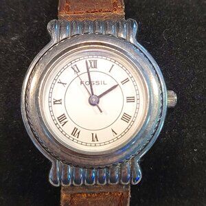 Vintage Fossil EC-8698 Roman Numeral, Brown Weave Leather Band 25mm